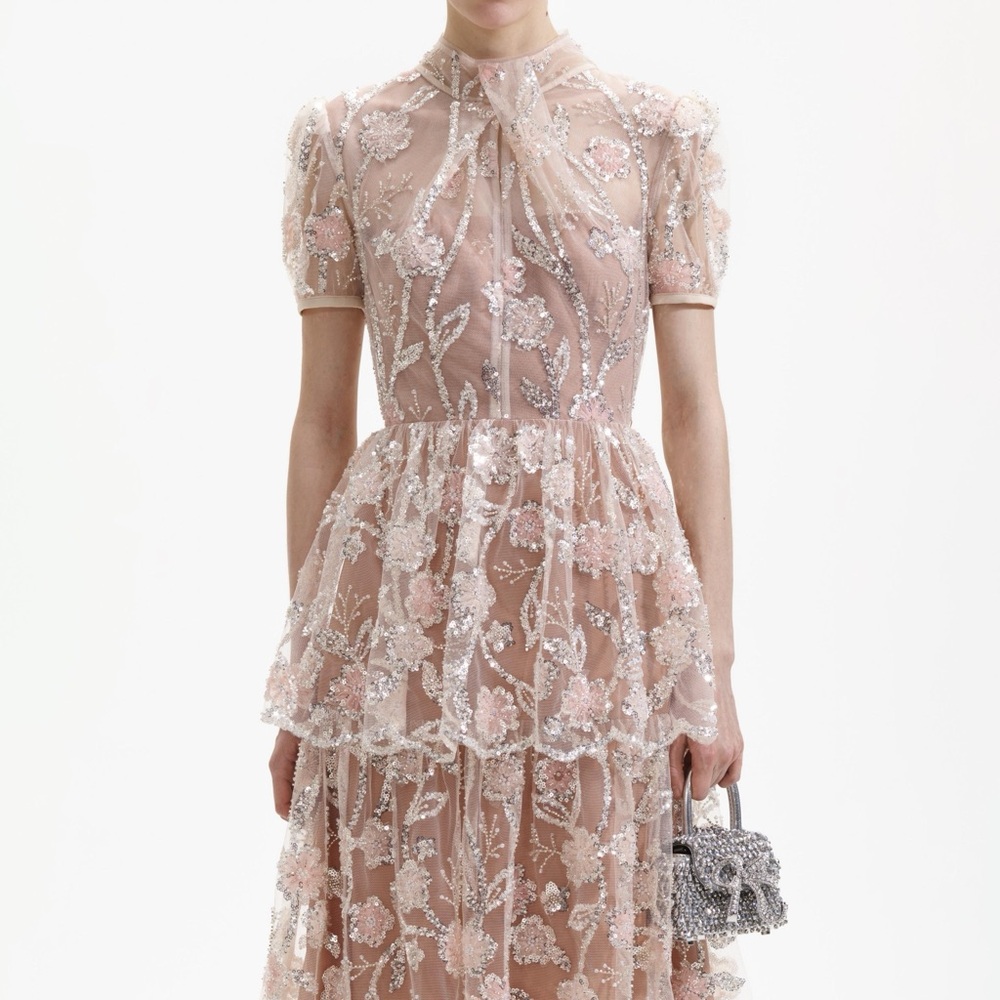 NWT Self-Portrait Elegant Pink Floral Sequin Beaded Maxi Dress - Size 10